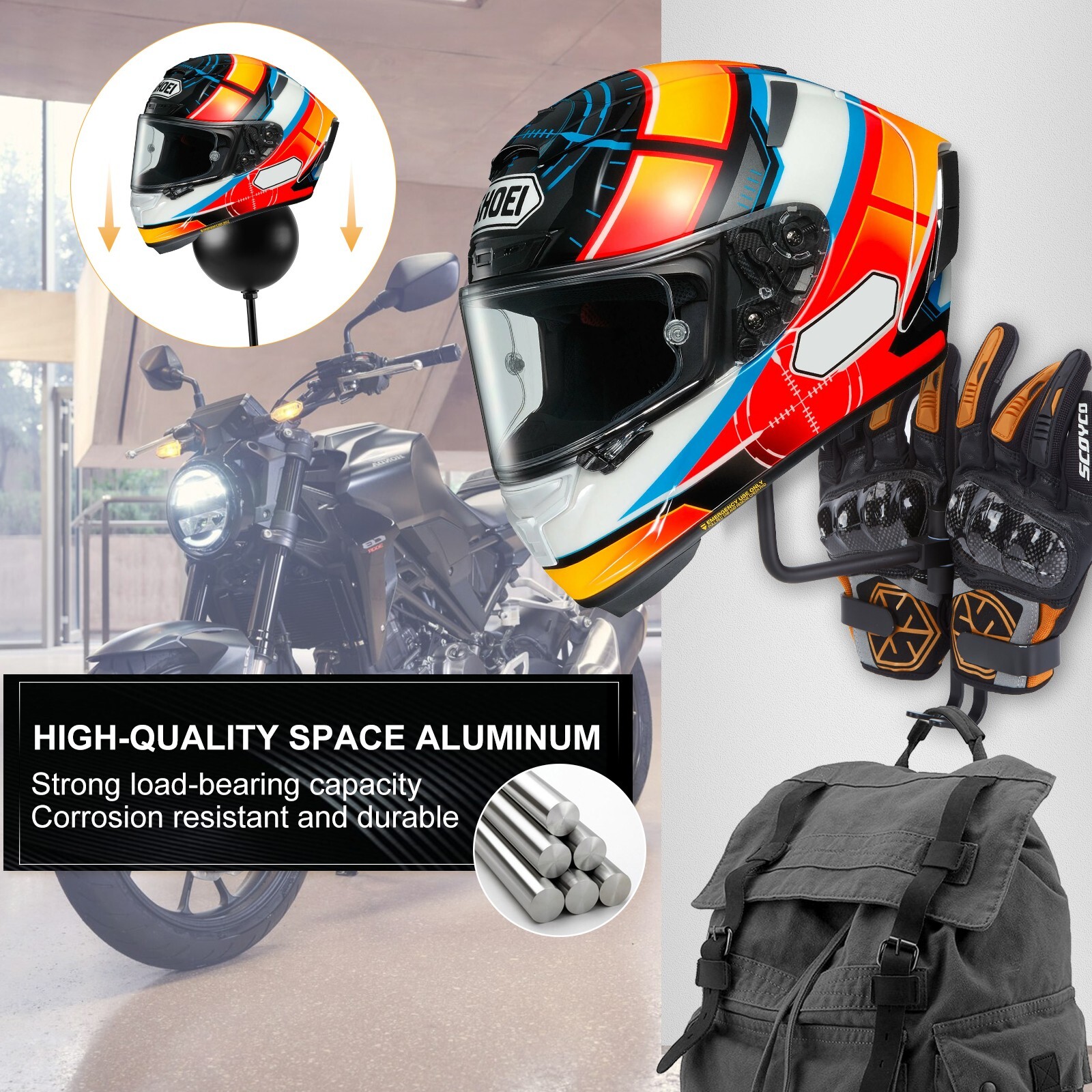 Motorcycle Helmet Holder with Double Hook and Gloves Holder 180 Degree (2 Pack)