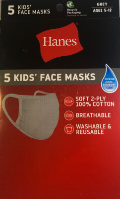 Hanes Youth Cloth Face Mask 5 Pack Gray Kids 5-12-100% Cotton Washable Reusable