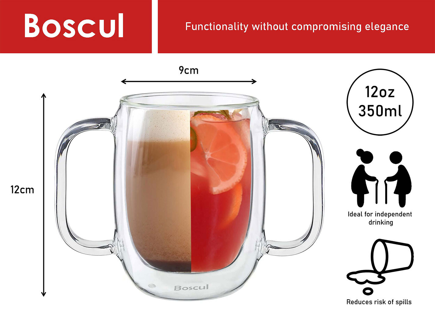 Boscul Two Handled Mug Double Wall Floating Disability Aid Weak Grip