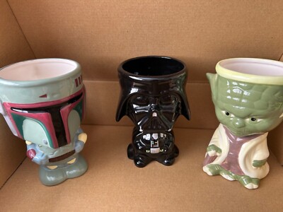 Lot of 3 Star Wars Galeria Ceramic Mugs Darth Yoda Boba Fett