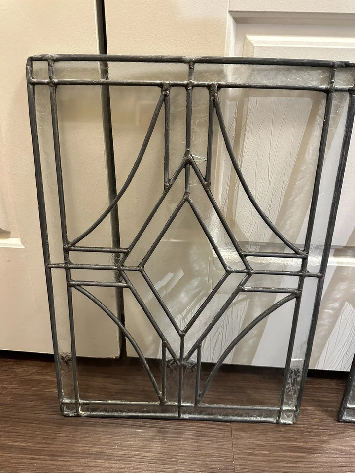 ANTIQUE (1930s) LEADED BEVELED ETCHED GLASS WINDOW PAIR — 19 Inch X 13 Inch - Image 3 of 4