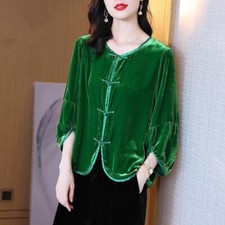 Chinesisch Damen Samt Bluse Oberteile Hemden Quaste Luftballon Ärmel Ethno Retro