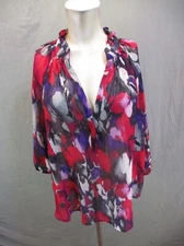 PLEIONE Size L Womens Multicolor Floral 3/4 Sleeve Gathered V-Neck Tunic Top 751