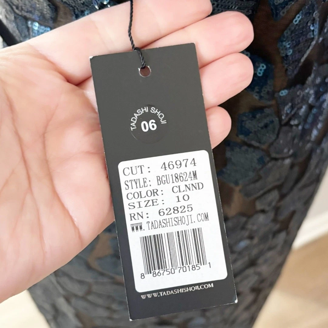 VALENTINO Abito Tadashi Shoji senza maniche Valentina paillettes 10 blu nuovo con etichetta