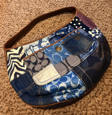 Vintage Coach Patchwork Hobo Shoulder Bag Blue w/ Leather Trim Zip Closure Lined