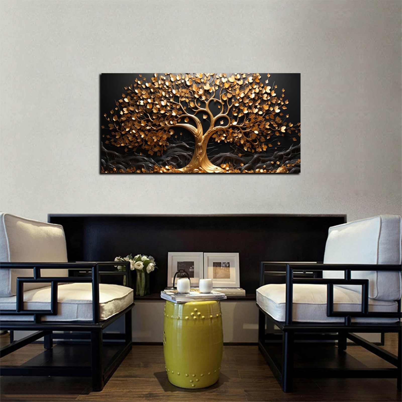 Tree Canvas Wall Art for Living Room - Gold and Black Pictures Wall Art for B...