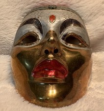 Vintage Hand Painted Solid Brass Decorative Wall Art Mask Mardi Gras Venetian
