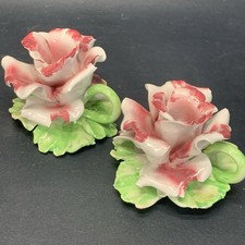 Vintage Pair of Capodimonte Style Made Italy Porcelain Pink Rose Flower Leaves