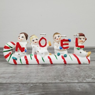 1950 Relco NOEL Kids Angels Candy Cane Sleigh Candle Holder Japan #5A51 *READ*