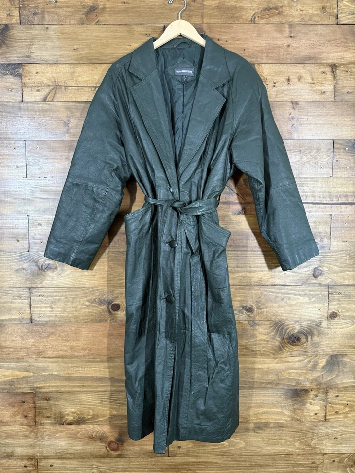 Vintage Dark Green Oversized Leather Full Length Belted Coat Trench Coat