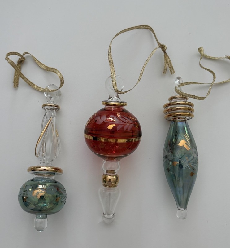 Egyptian Glass Hand Blown Ornaments Red And Gold Swirl Finial Set of Three
