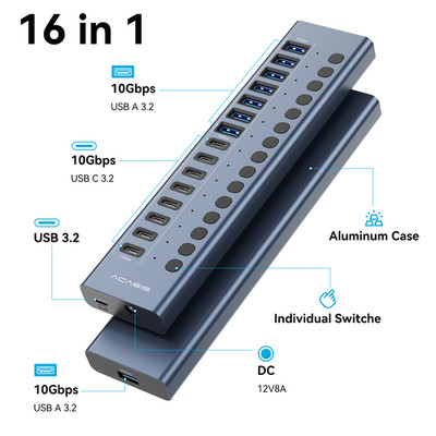 Acasis USB 3.2 Hub 10Gbps 16 Port Ein/Aus Schalter mit Netzteil für Laptop