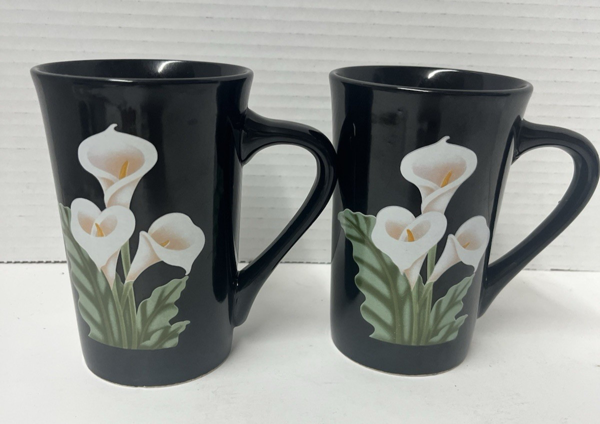 Calla Lily Black Coffee Tea Cup Mug Stoneware Set Of 2 Cotc Korea Vintage