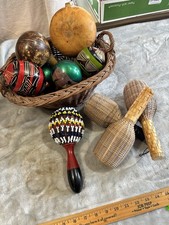 Lot 9 Vintage Maracas Musical Shaker Natural Painted Gourd Wood in Basket