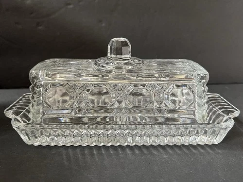 Vintage Federal Pressed Glass Covered Butter Dish Windsor Clear Button & Cane