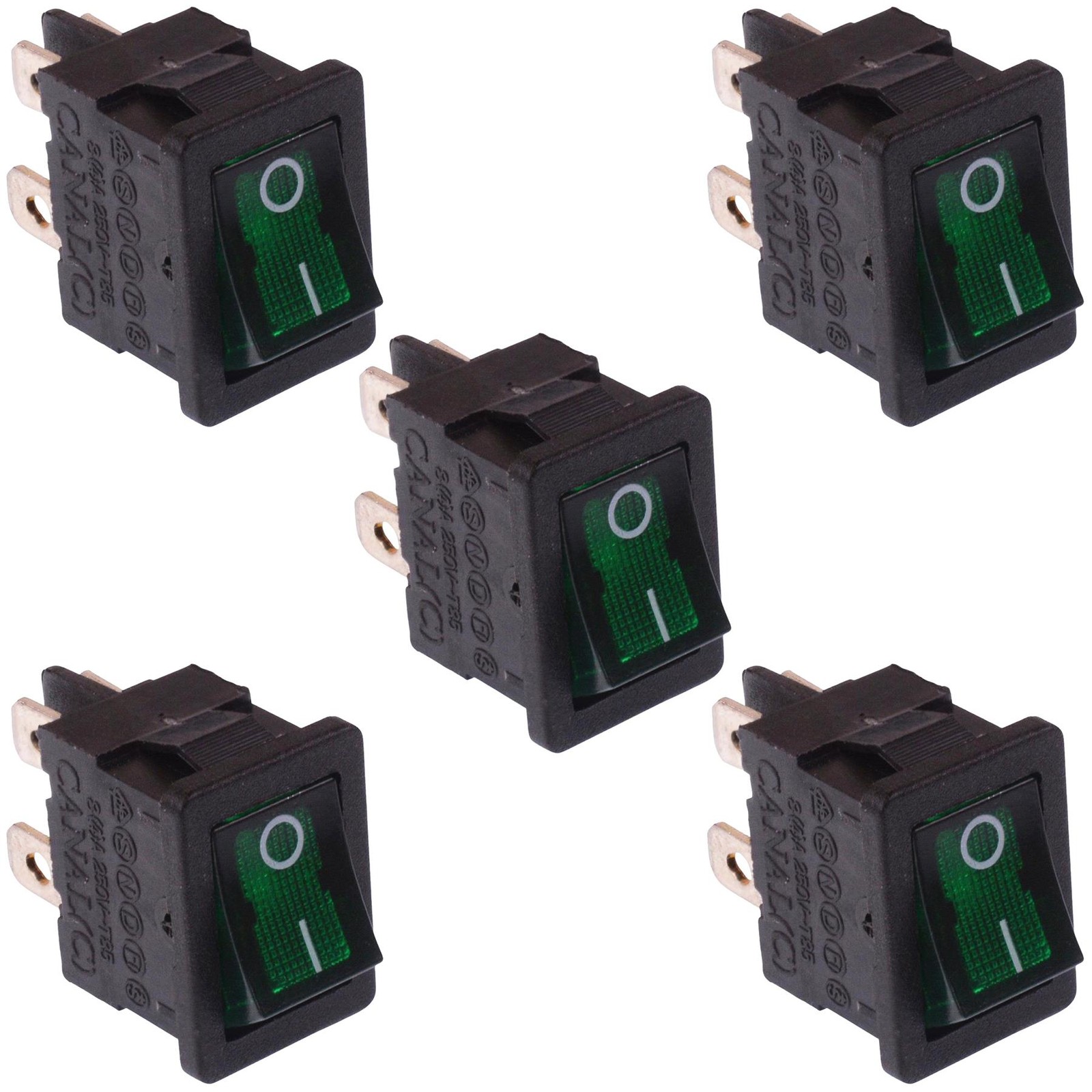 5 x Green On-Off 110V illuminated Rectangle Rocker Switch DPST 10A
