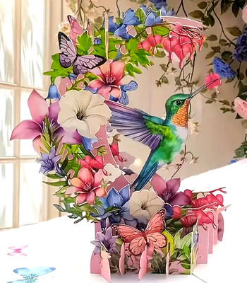 3D Pop-Up Greeting Card, Env. Note, & Seal -Humminbird on Flowery Crescent Shape