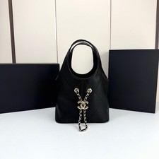 Women's Black Quilted Calfskin Bucket Bag Gold Chain Decor Hand Purse
