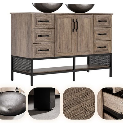 48'' Bathroom Vanity w/ Vessel Freestanding Cabinet Open Shelves & 6 Drawers Grey