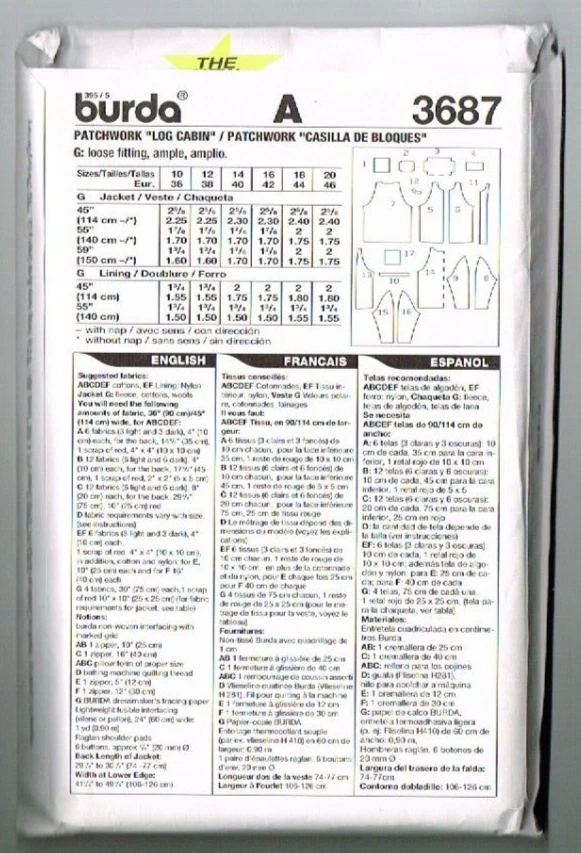 Burda 3687 Pattern Log Cabin Patchwork Jacket Sizes 10 to 20 Uncut - Image 2 of 2