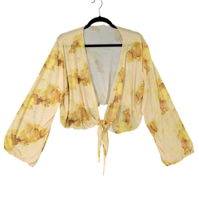 Yellow Artsy Abstract Sheer Mesh Fairy Cropped Tie Front Top Festival SIZE 1XL