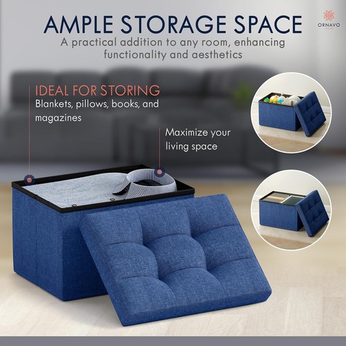 Ornavo Home Small Storage Ottoman Foldable 12" W x 16" L x H, Linen Navy - Picture 3 of 7