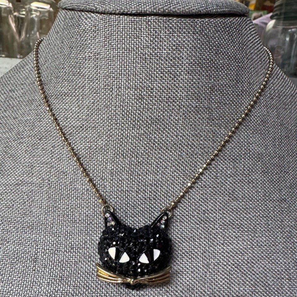 Betsey Johnson Black Cat Pendant Necklace With Rhinestones On GoldTone