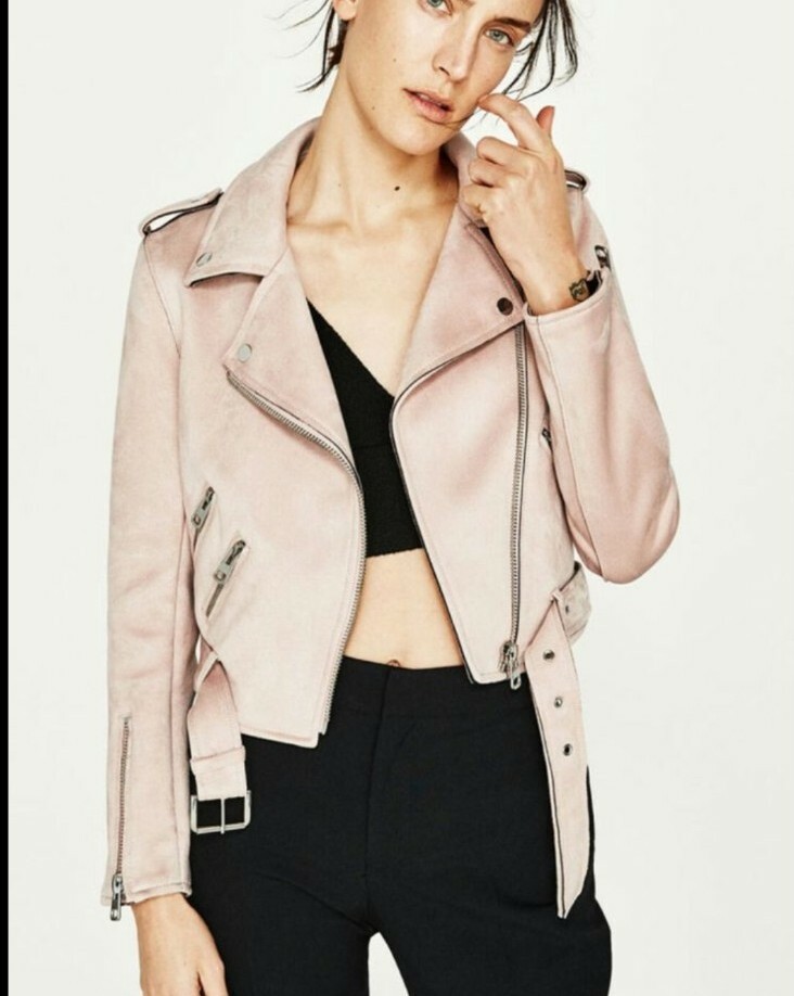 Zara Pink Pale Suede Biker Jacket Faux 