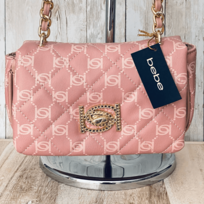 NWT BEBE Gorgeous Pink logo Liv Signature quilted gold chain 