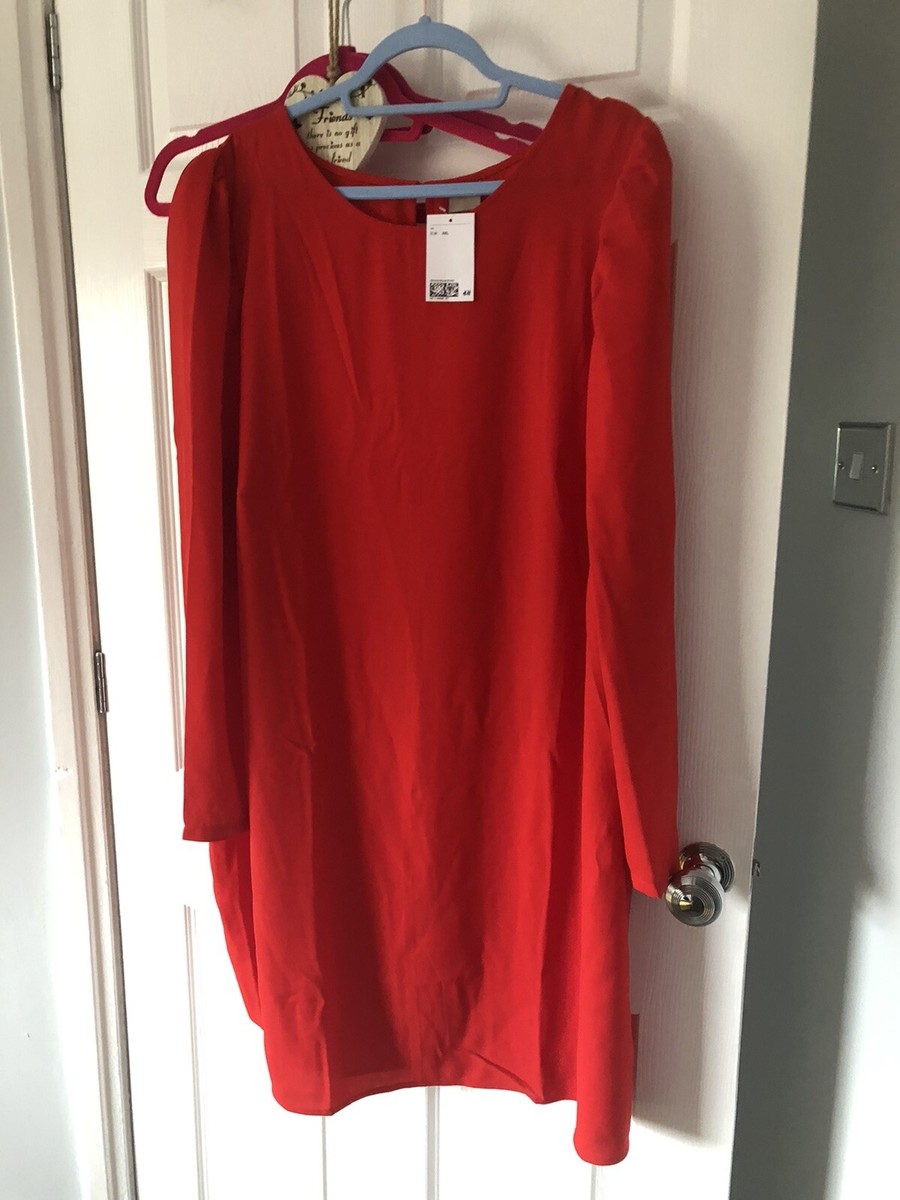 open lace back dress H&M Red Sheer Tiered Dress Puff Sleeve With Lining Size L