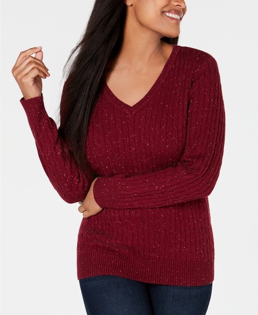 Karen Scott Cable-knit V-neck Maroon 
