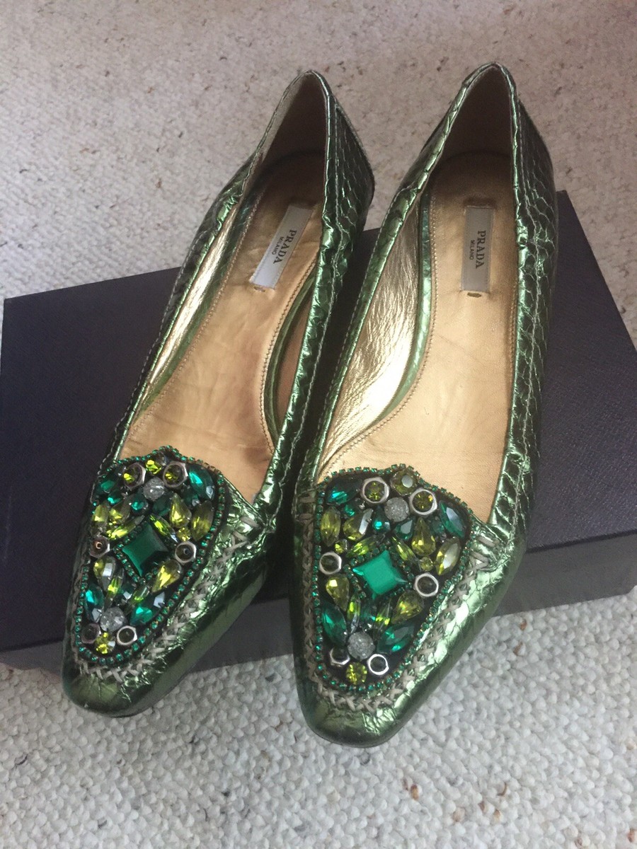 NWNB Prada Metallic Green Leather Loafers With Crystals  display picture 2