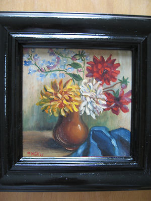 ÖLGEMÄLDE BRAUNE VASE MIT DALIEN EUGENIE MÜLLER-JAUK ÖL AUF HOLZ 60/70er JAHRE