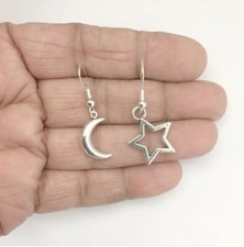 Beautiful Reversible Moon  Star Charms Antique Silver Dangle Earrings.