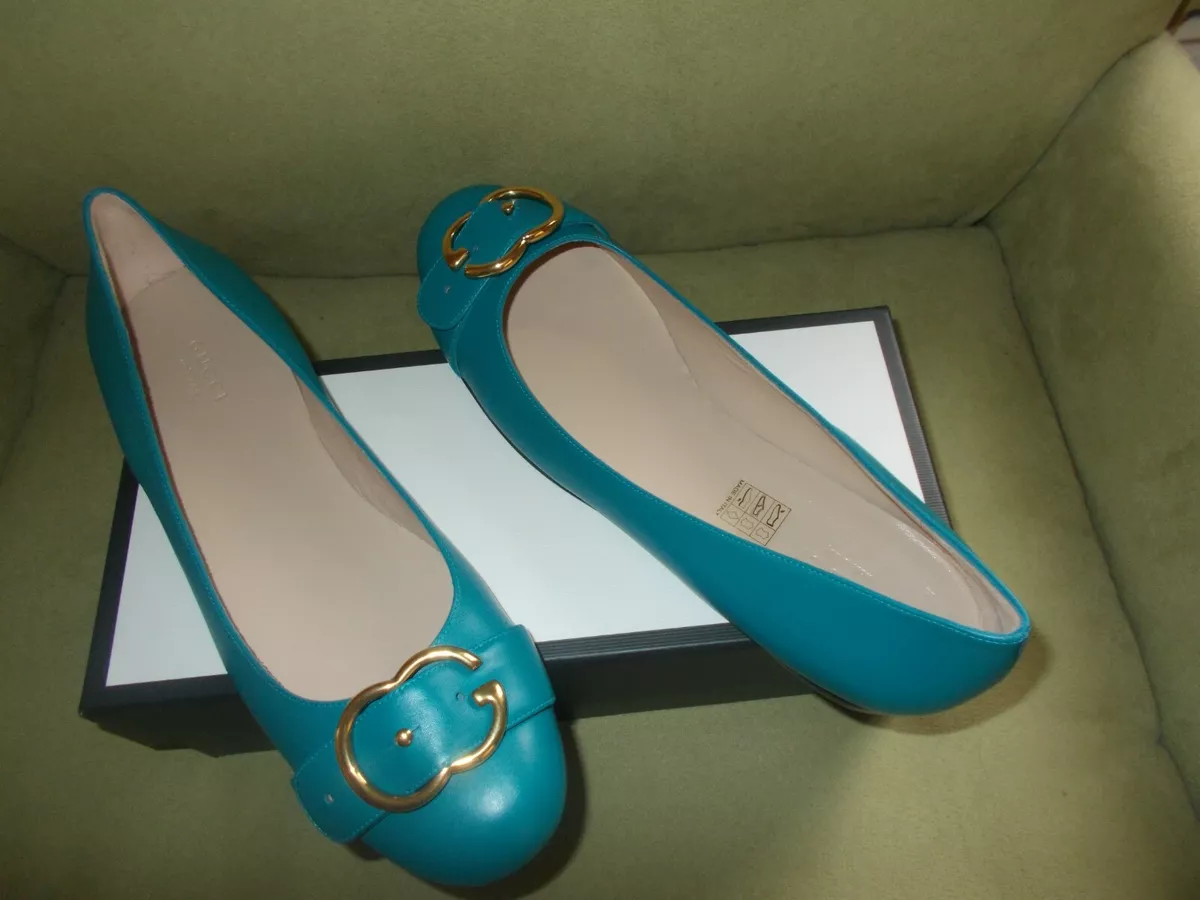 Gucci Ballerina G Buckle Ballet Flats Shoes 428565 Green Blue 40