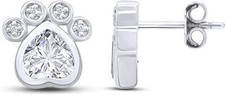 Heart Cut Simulated Birthstone Paw Print Stud Earrings In 14K White Gold Plated