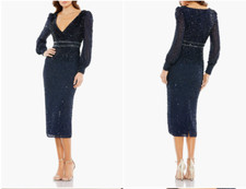 MAC DUGGAL 93593 SEQUIN LONG SLEEVE BODY-CON M MIDI MIDNIGHT NAVY DRESS sz 14