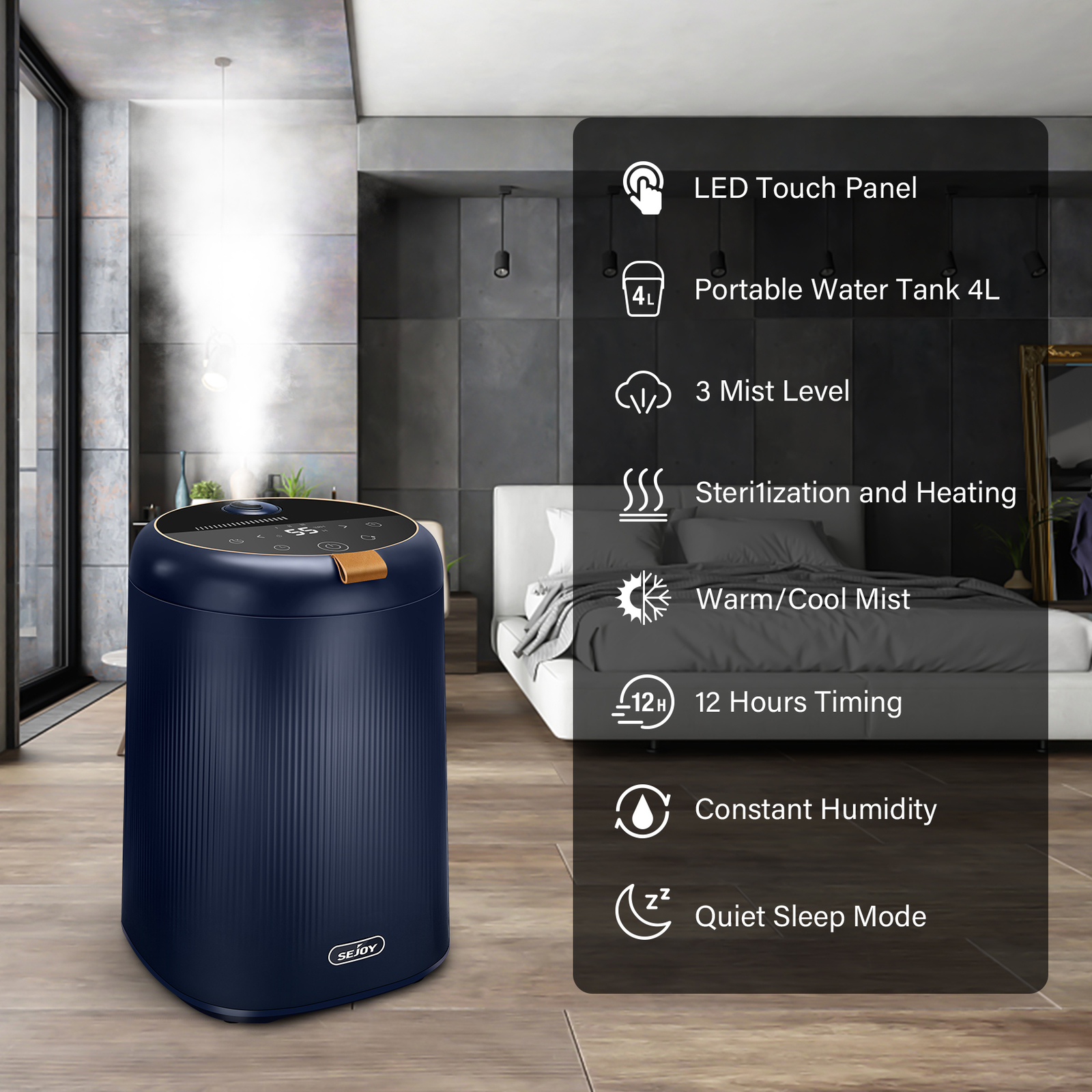 SEJOY 1.05 Gallon Cool & Warm Humidifiers for Bedroom Large Room Top