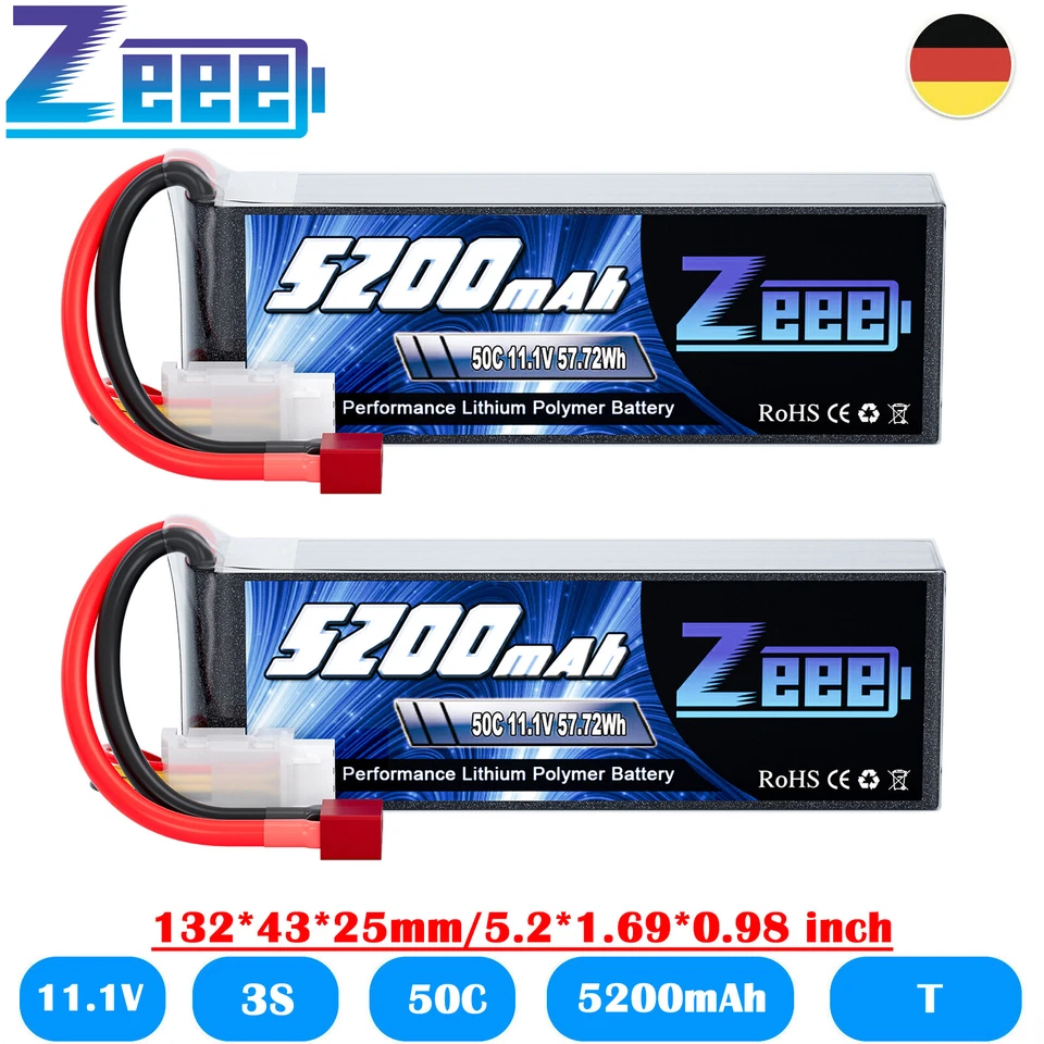 2x Zeee 11,1V 3S Lipo Akku T Stecker 5200mAh 50C für RC Flugzeug Auto Boot Heli