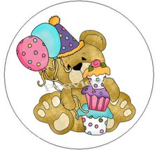 BIRTHDAY PARTY BEAR ROUND STICKERS ENVELOPE SEALS SCRAPBOOK STICKERS-2 SIZES