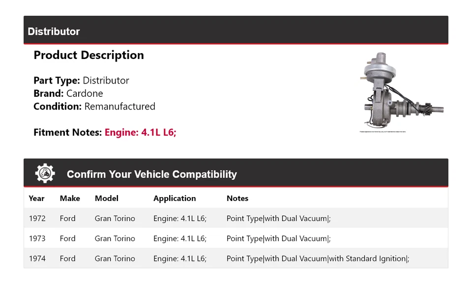 Ford Gran Torino 1972-1974 4,1 L L6 distribuidor Cardone 1973 Foto 2 de 4