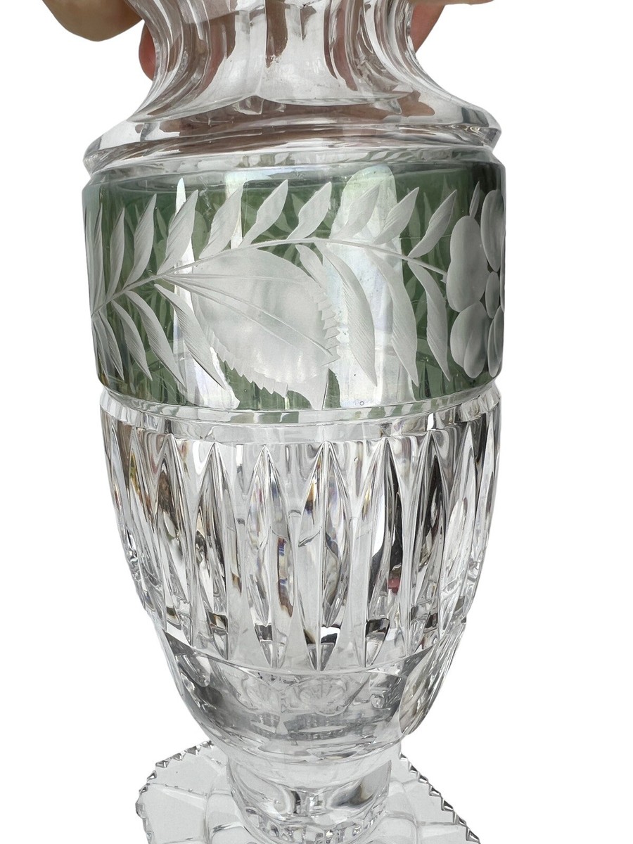 Vintage MOSER Vase ART GLASS W/ GREEN BAND Leaves & Flower