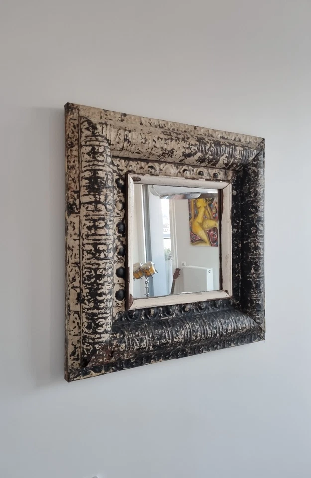 Miroir vintage rétro en bois et métal avec moulures forme carrée dimensions 60cm - Photo 2/4