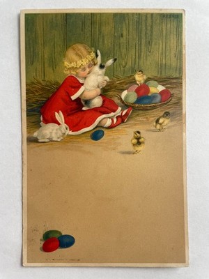 1915 Easter Postcard P. Ebner Girl With Bunny Chicks Eggs Austria Russia Stamp