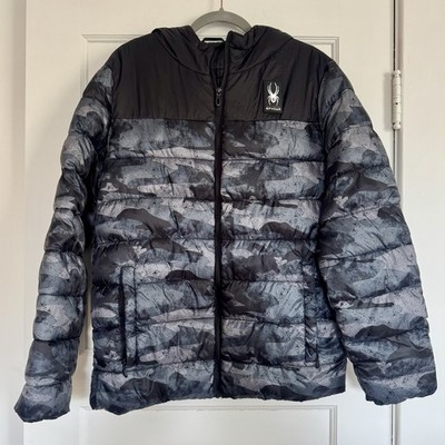 Spyder Jacket Circuit Block Men's Medium Black Camo Insulated Puffer Hooded EUC