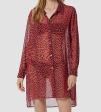 Michael Kors Womens Red Animal-Print Sheer Cover-Up Shirt Swimwear Size L