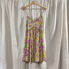 Patrons of Peace Floral Babydoll Mini Dress Pink Yellow Green Tie Strap Medium
