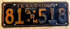 1937 TEXAS FARM TRUCK LICENSE PLATE " 81 518 " TX 37
