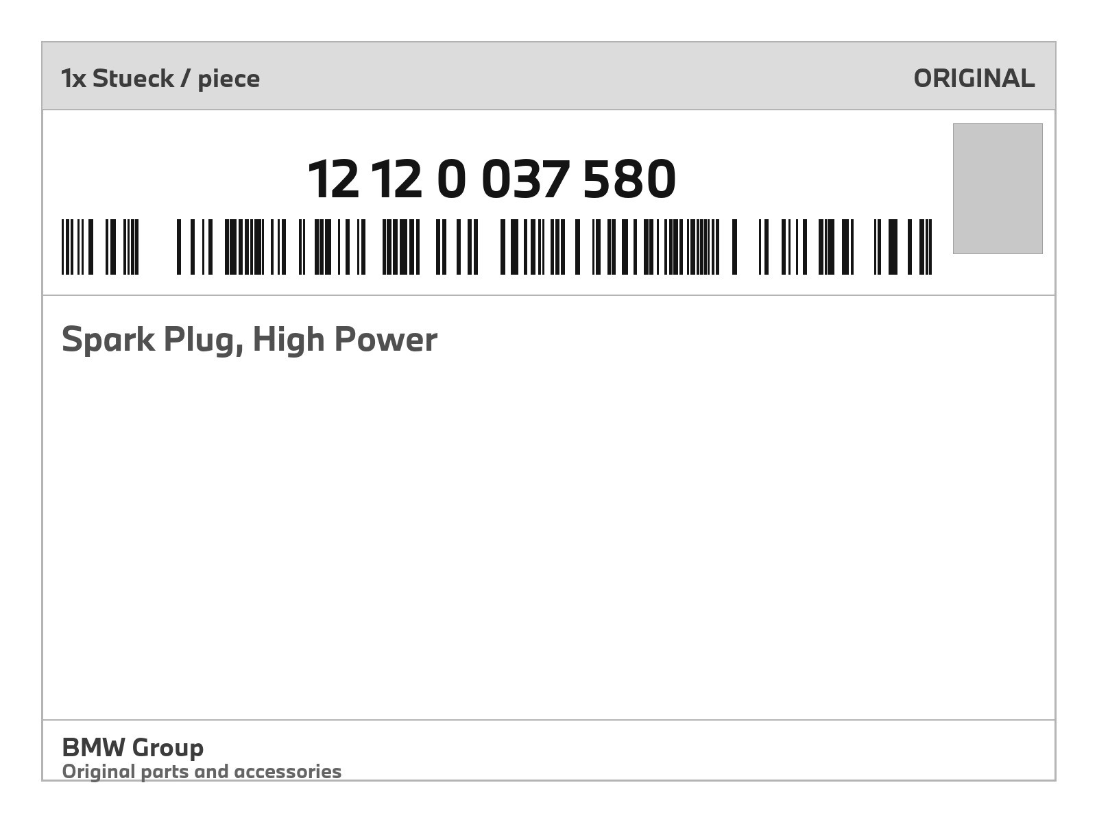 Genuine BMW SPARK PLUG, HIGH POWER 12-12-0-037-580 New