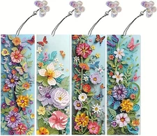 4pcs Diamond Painting Bookmarks DIY Gem Art Bookmark Kits with Rhinestone Tassel